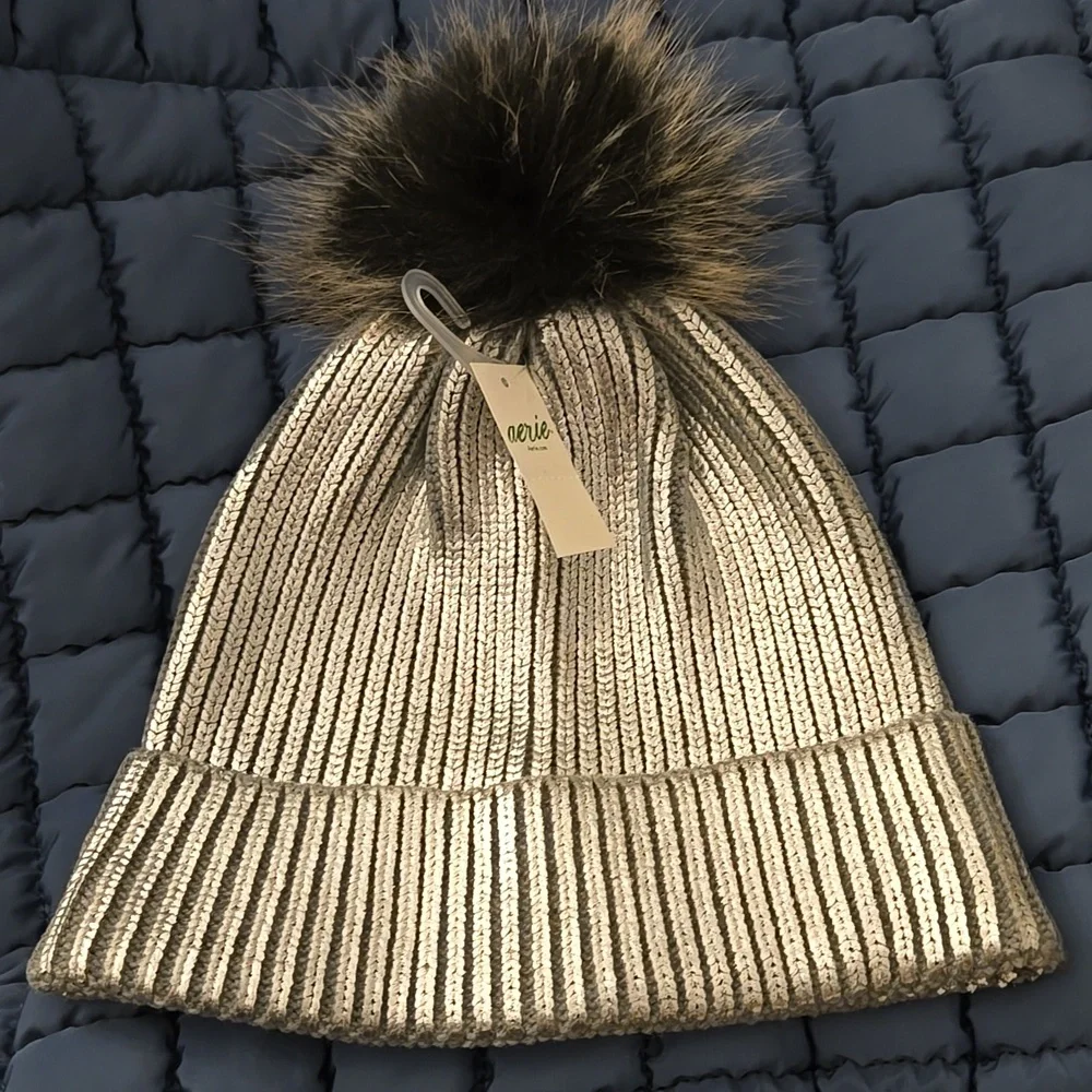 NWT $25 Retail Aerie Metallic Knit Beanie One Size Shiny Silver Pom Pom